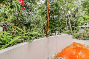 Una jardinera de concreto con diversas plantas tropicales y un pequeño elemento acuático.
