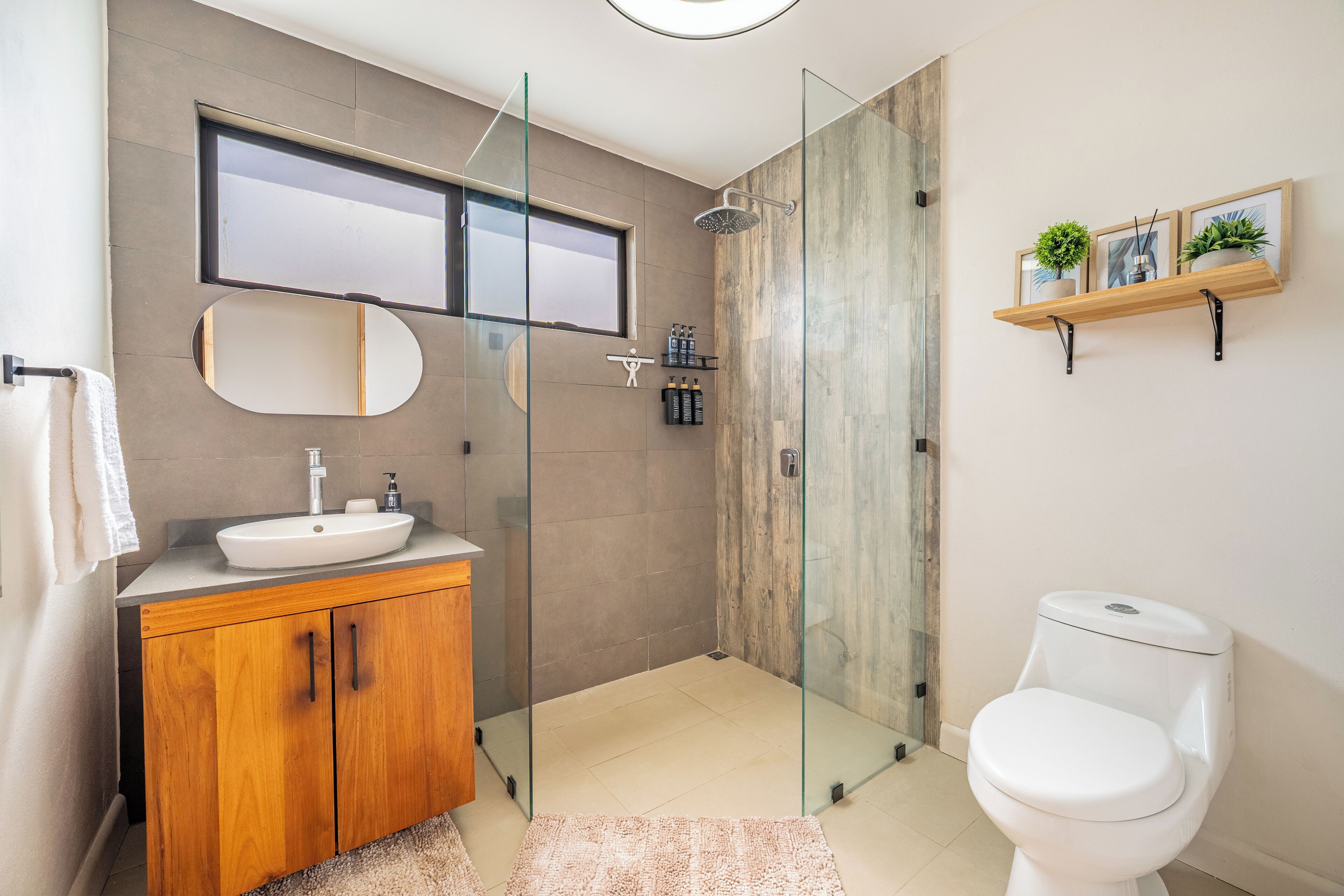 Un baño moderno con cabina de ducha de vidrio, tocador de madera, inodoro blanco y estante con plantas.
