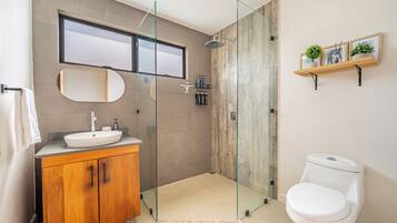 Un baño moderno con cabina de ducha de vidrio, tocador de madera, inodoro blanco y estante con plantas.