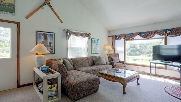 A living room with a sofa, armchairs, a coffee table, a television, and a window with curtains. - Carley House Too: Pet Friendly, Hot Tub, Fire Pit! (Ellicottville)