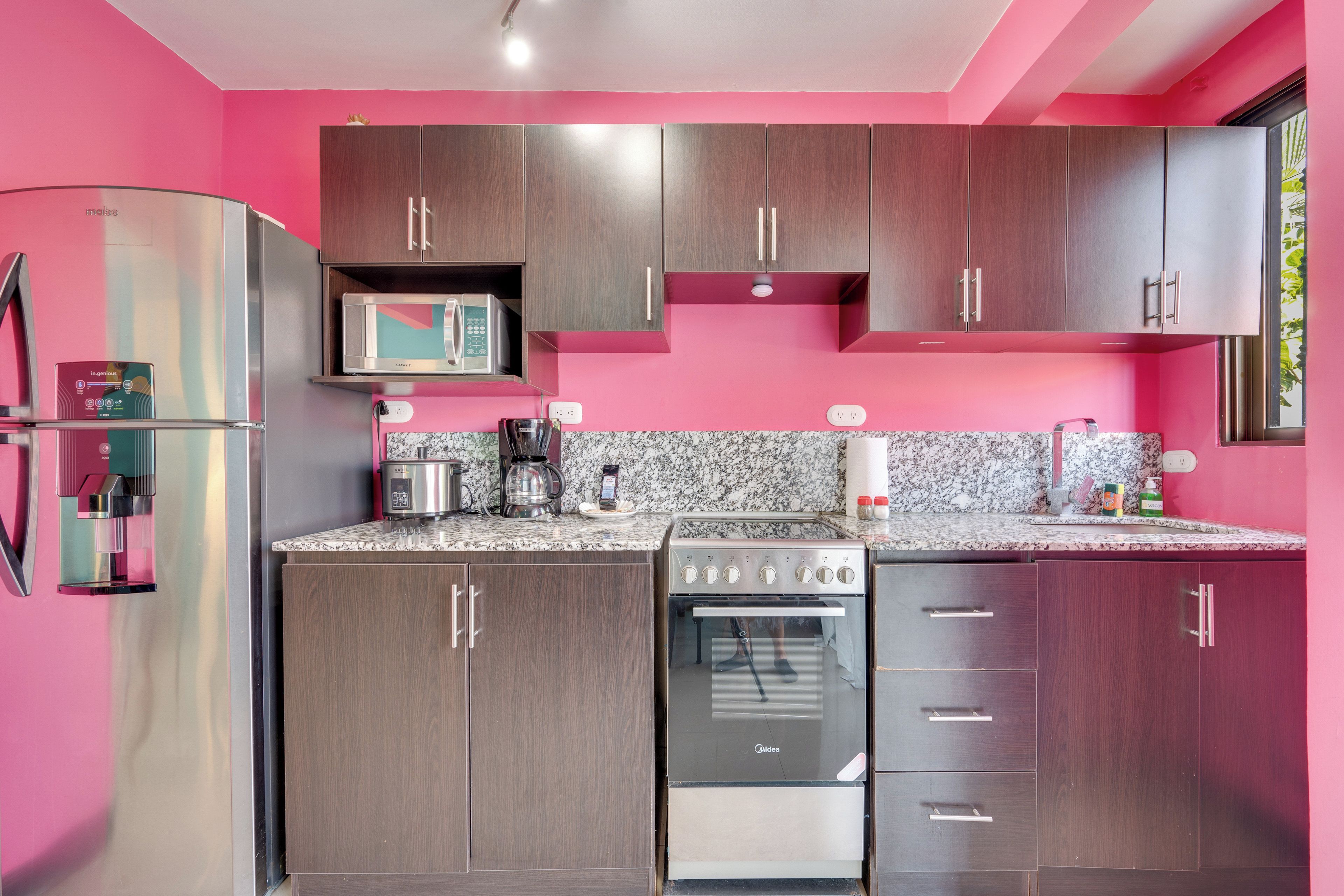 A modern kitchen with stainless steel appliances, wooden cabinets, and a pink wall.