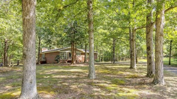 A rustic cabin surrounded by tall trees in a forested area.