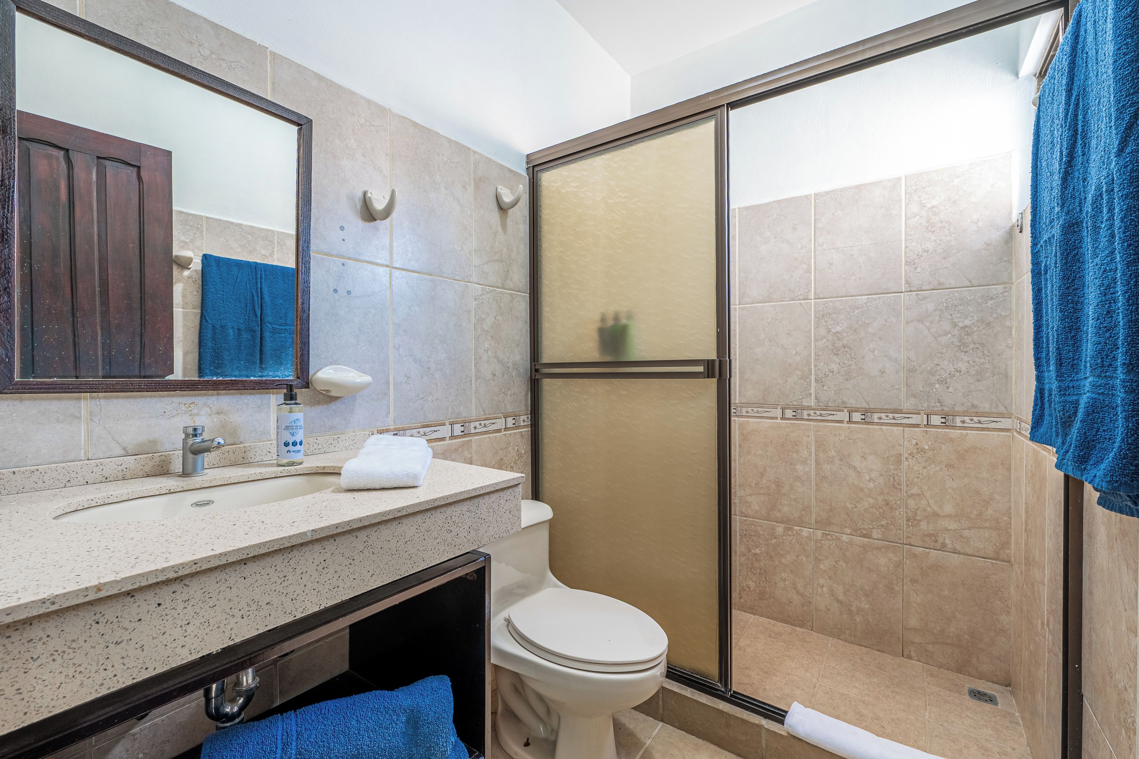 Ein Badezimmer mit Dusche, Toilette, Waschbecken und Spiegel.