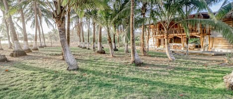 Un resort tropical con palmeras, un césped y un edificio de madera con balcón.