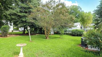 A well-maintained grassy yard with a birdbath, mature trees, and a white building in the background.
