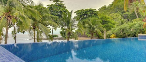 A clear blue pool with a tiled edge, surrounded by lush greenery and palm trees, overlooking a beach.