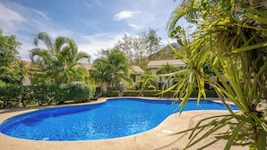 Ein Pool mit geschwungener Kante, umgeben von Palmen und anderer Vegetation.