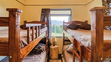A room with two wooden bunk beds, a small wooden nightstand with a lamp, and a window with a view of greenery.