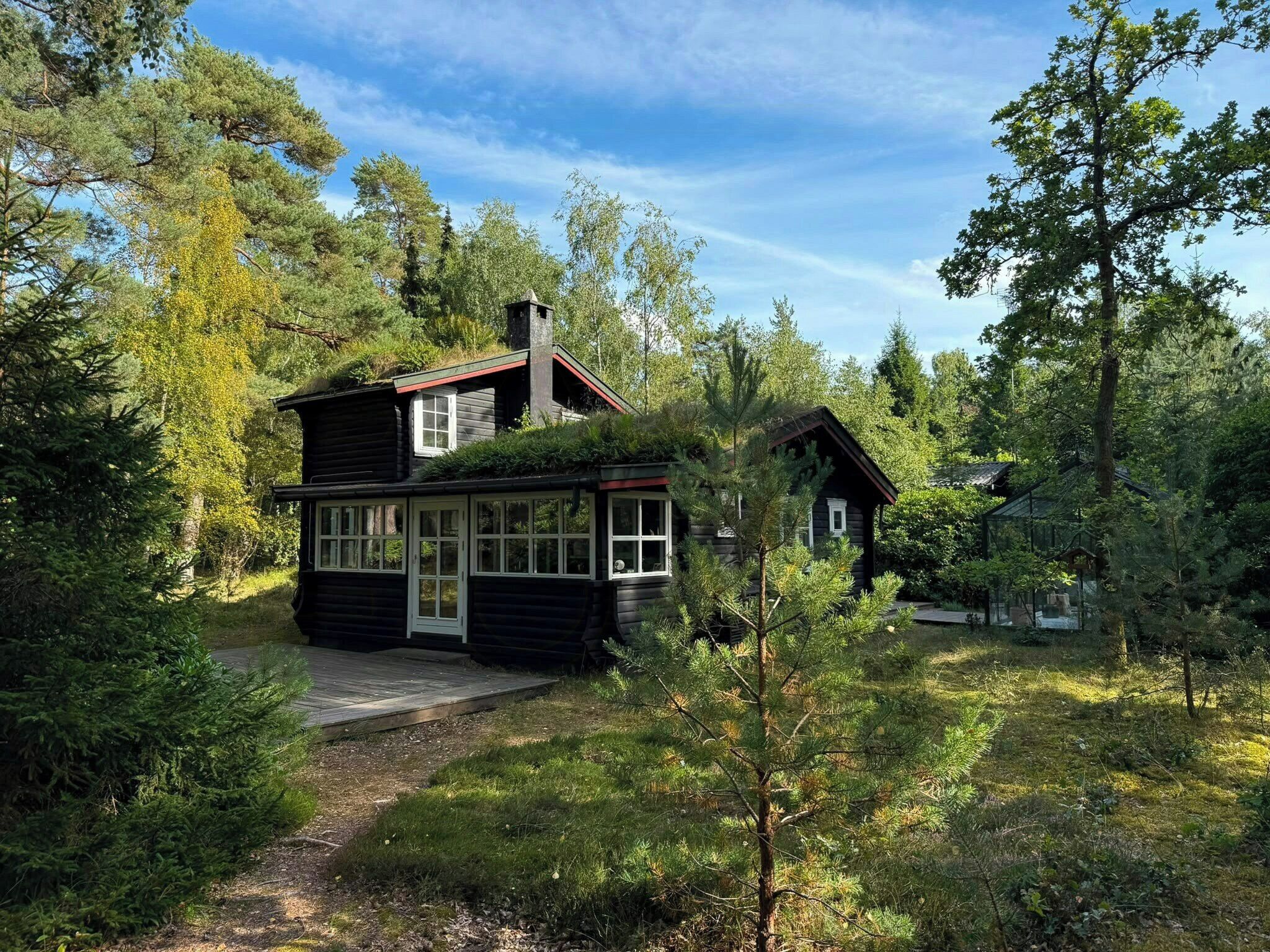 Una cabaña rodeada de un bosque frondoso, con un cielo despejado.