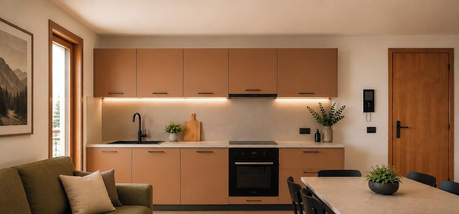A modern kitchen with a built-in oven, a sink, and a dining area with a table and chairs.
