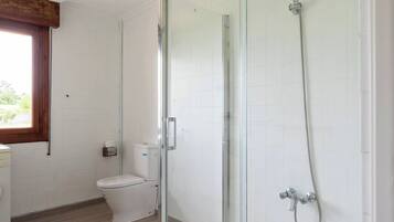 A bathroom with a glass shower enclosure, a toilet, and a window with a wooden frame.