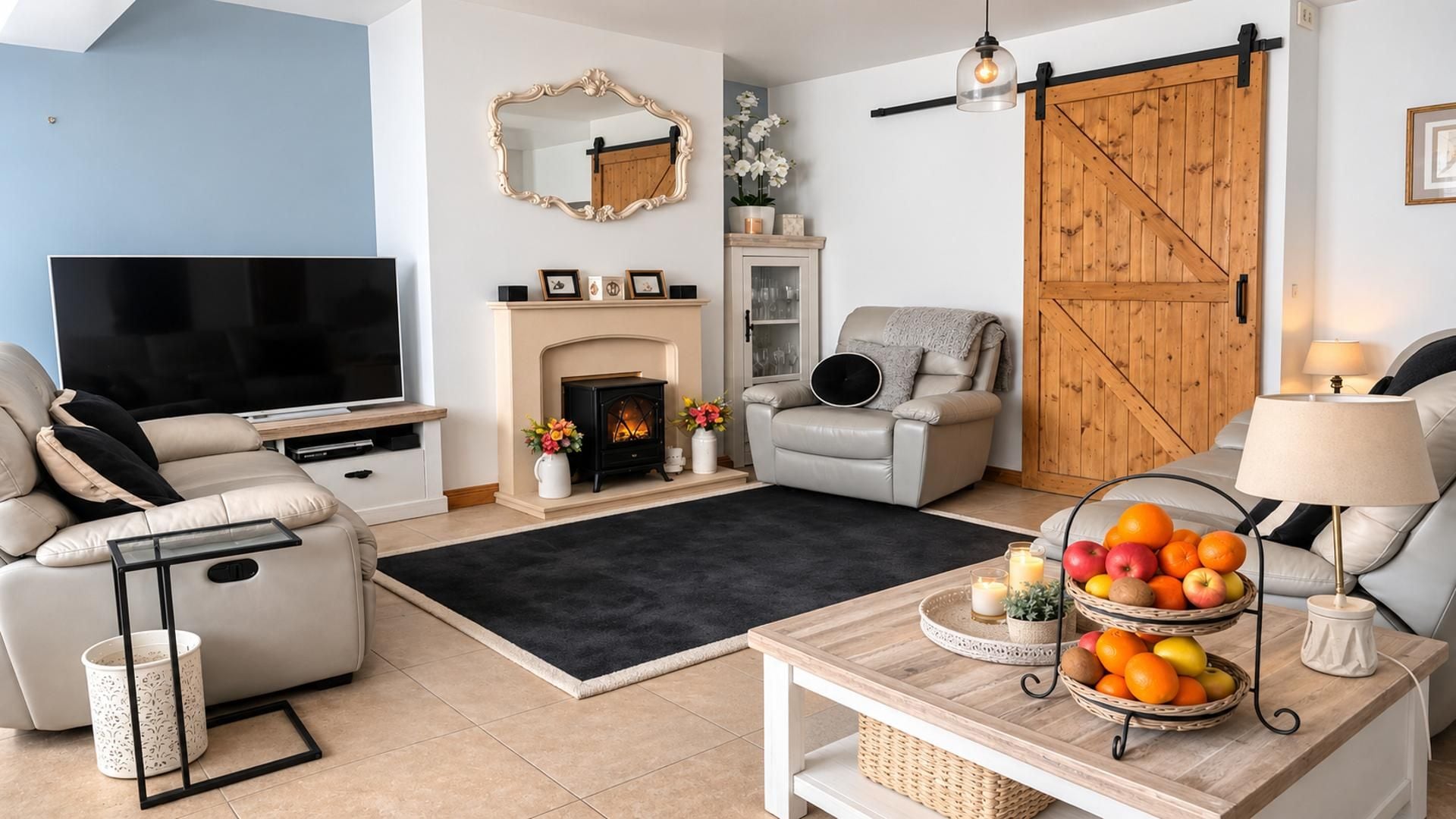 A living room with a television, sofa, armchair, fireplace, and a fruit basket on a coffee table.