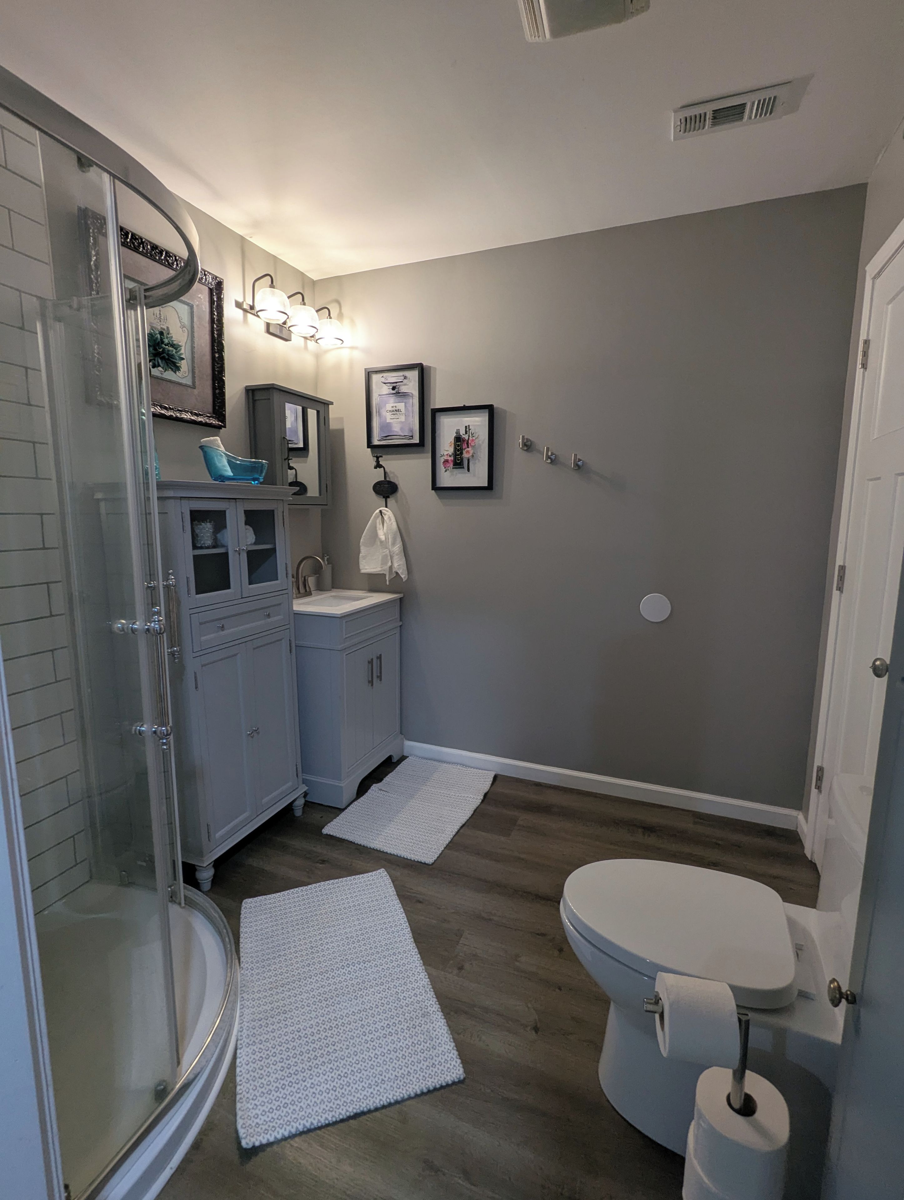 Een badkamer met douche, toilet, wastafel en opbergmeubel. Er liggen twee vloerkleden op de vloer, een handdoek hangt aan de muur en er zijn afbeeldingen in lijsten.