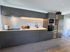 A modern kitchen with grey cabinetry, a stainless steel sink, and a built-in oven. - New apartment with mountain view - 7 guests (Vars)