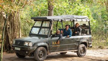 A safari vehicle with 'SAFARI LODGE' written on the side, parked in a wooded area.