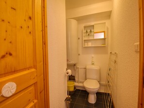 Ein kleines Badezimmer mit Toilette, Ablage für Toilettenartikel und einer Holztür.