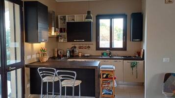 Coffee/tea maker, fridge, microwave, oven