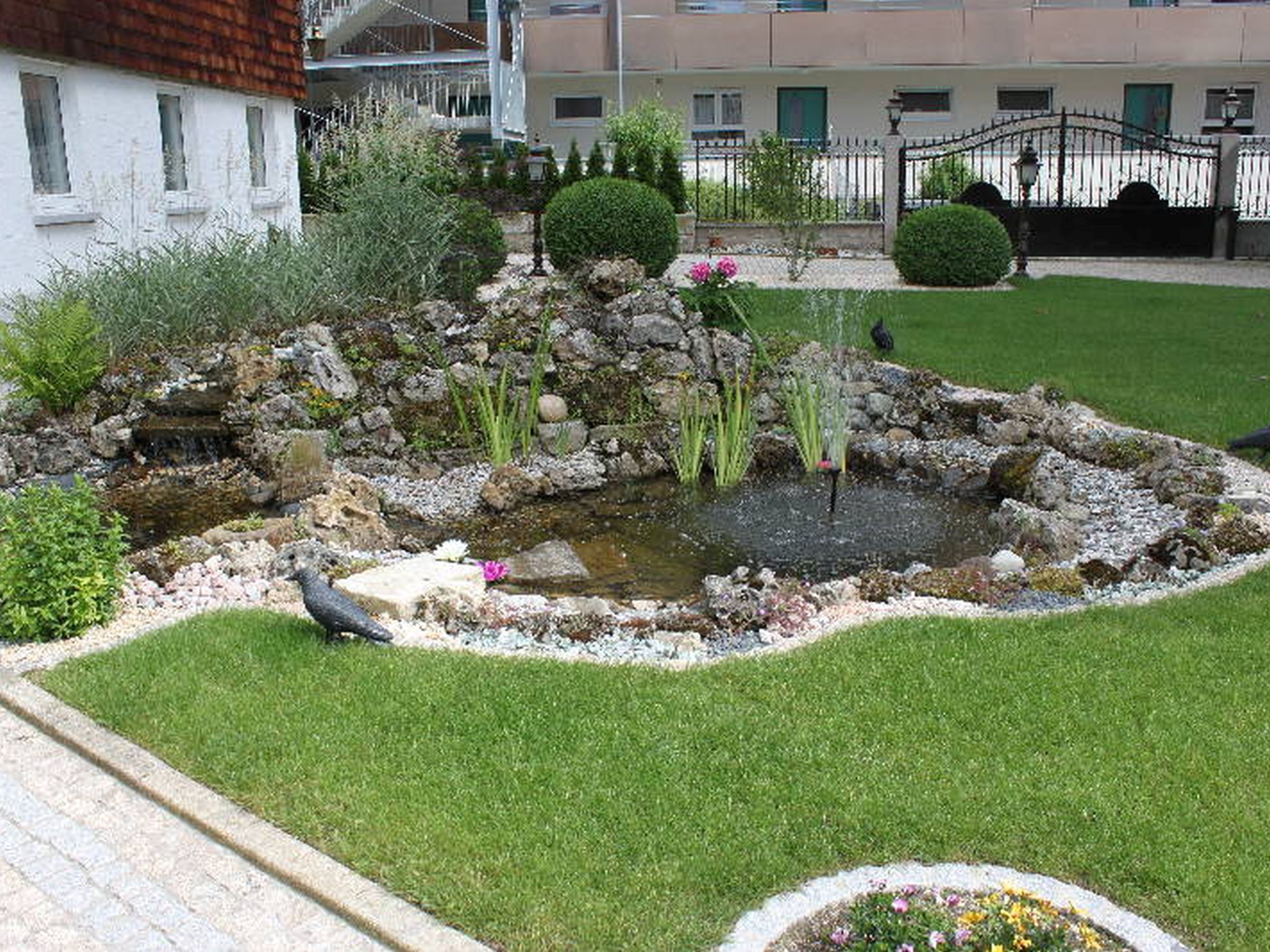A garden with a pond, a bird, and a building in the background.