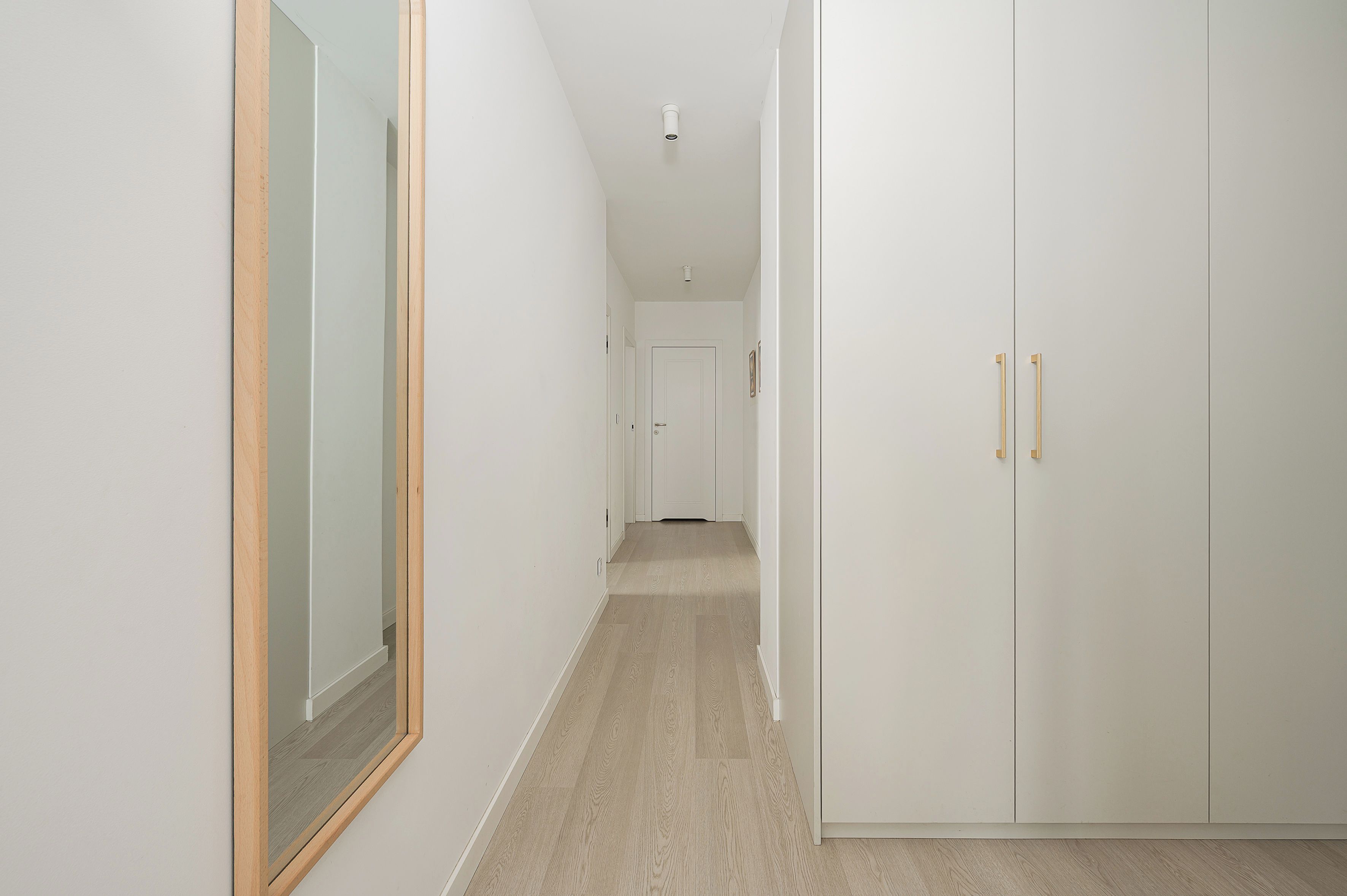 Een gang met een spiegel, een garderobe met gouden handgrepen, en een deur aan het einde.
