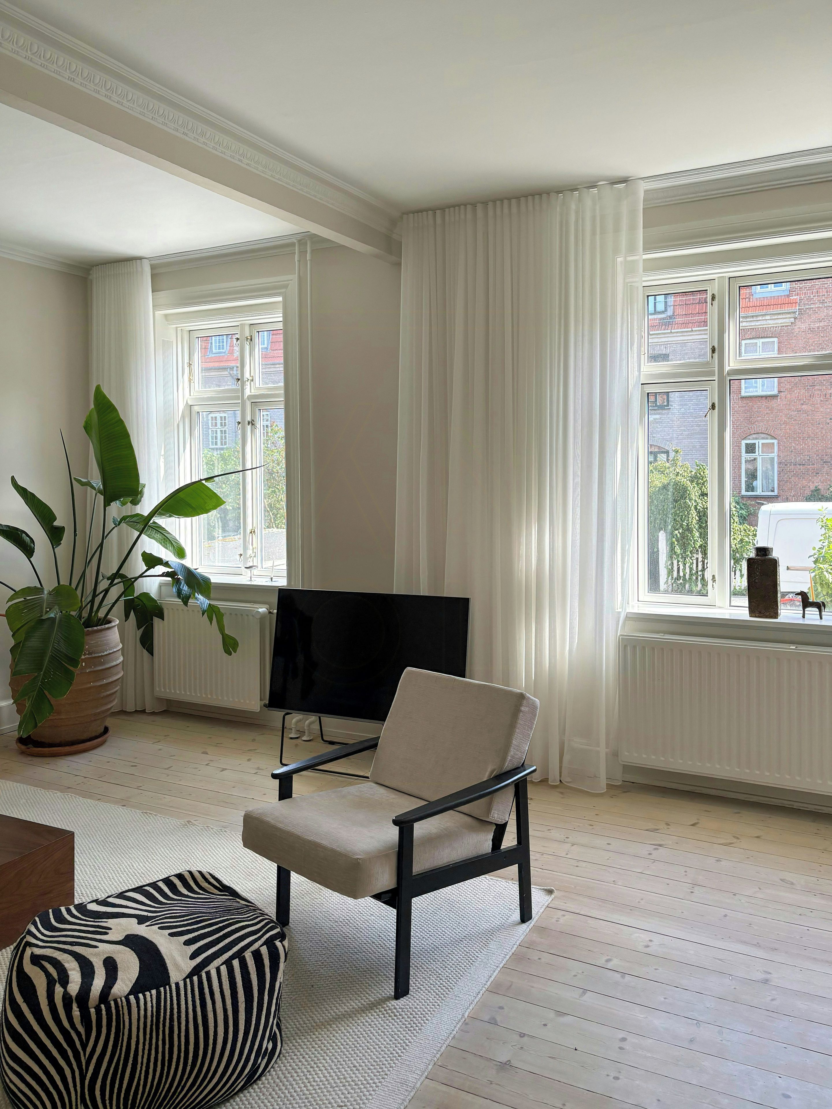 A living room with a television, a chair, a large potted plant, and a view of buildings through the windows.