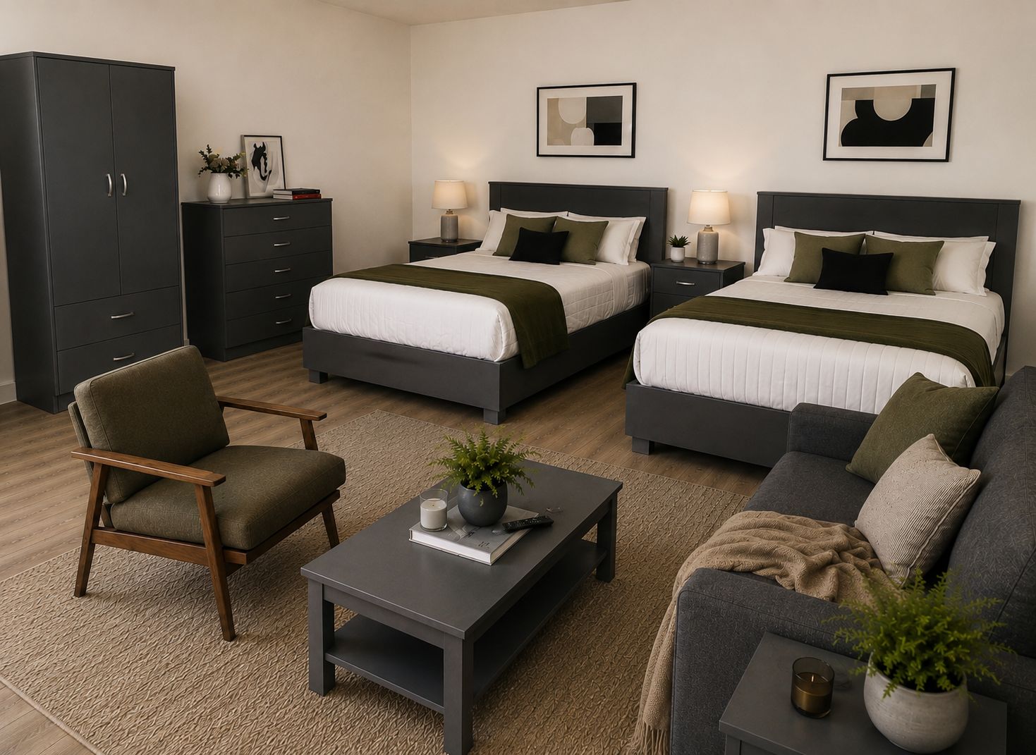 Habitación de hotel con dos camas, un sofá, una silla, una mesita y un armario.