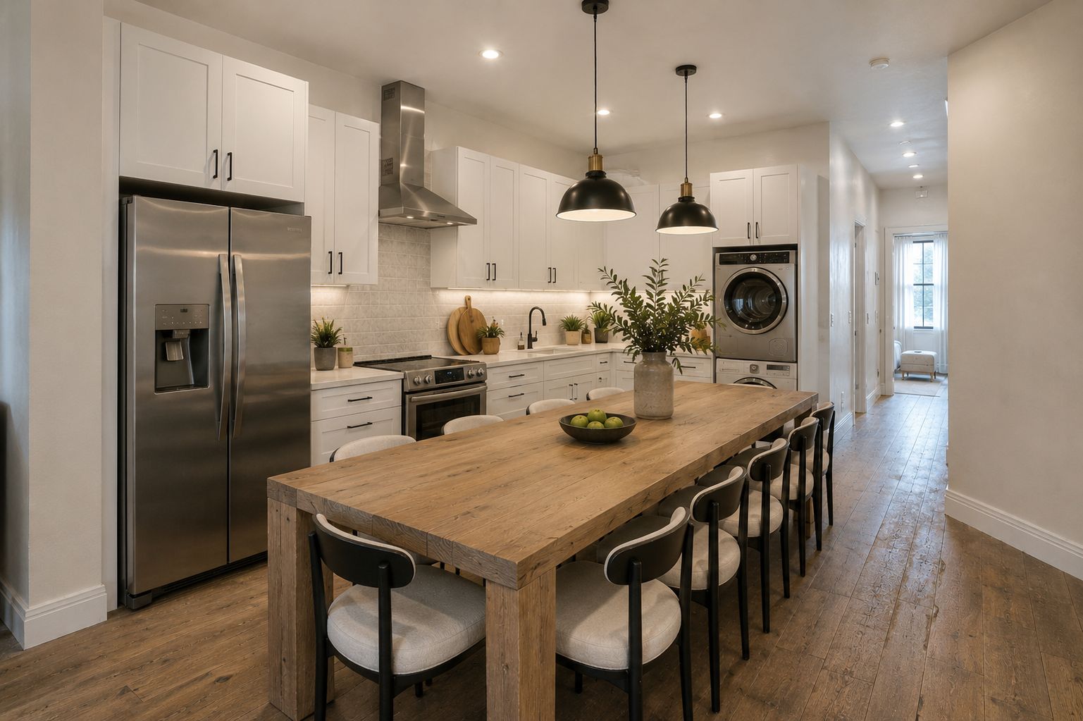 A modern kitchen with stainless steel appliances, a wooden island, and pendant lighting.