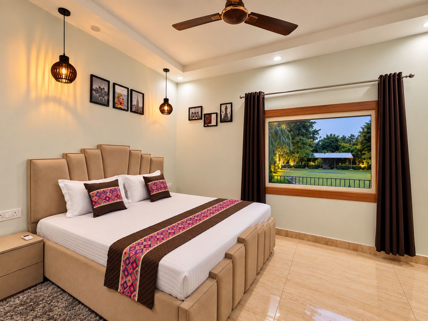 A hotel room with a bed, bedside table, ceiling fan, window with curtains, and wall-mounted artwork.