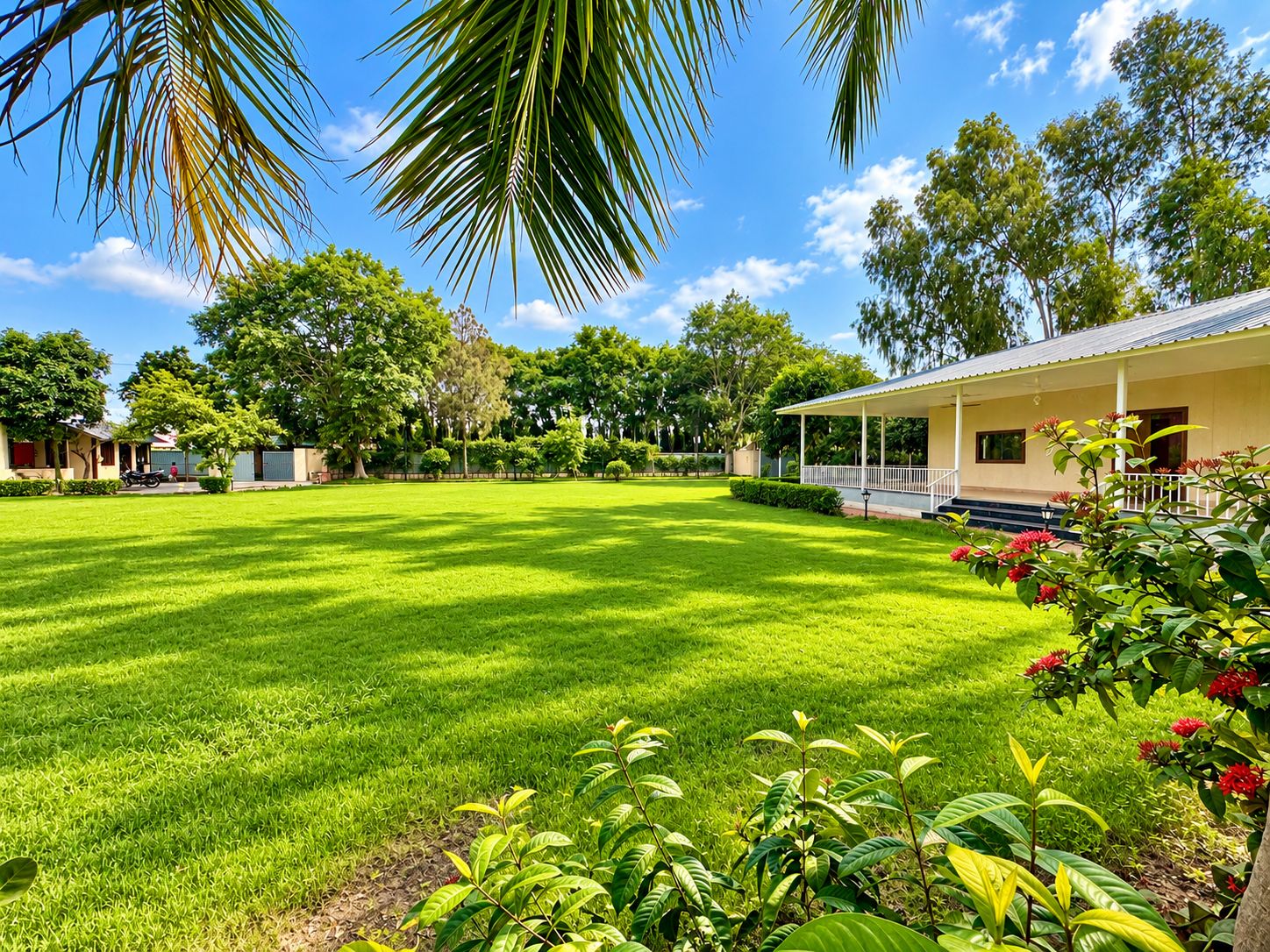 A well-maintained lawn, a covered outdoor seating area, and a variety of trees.