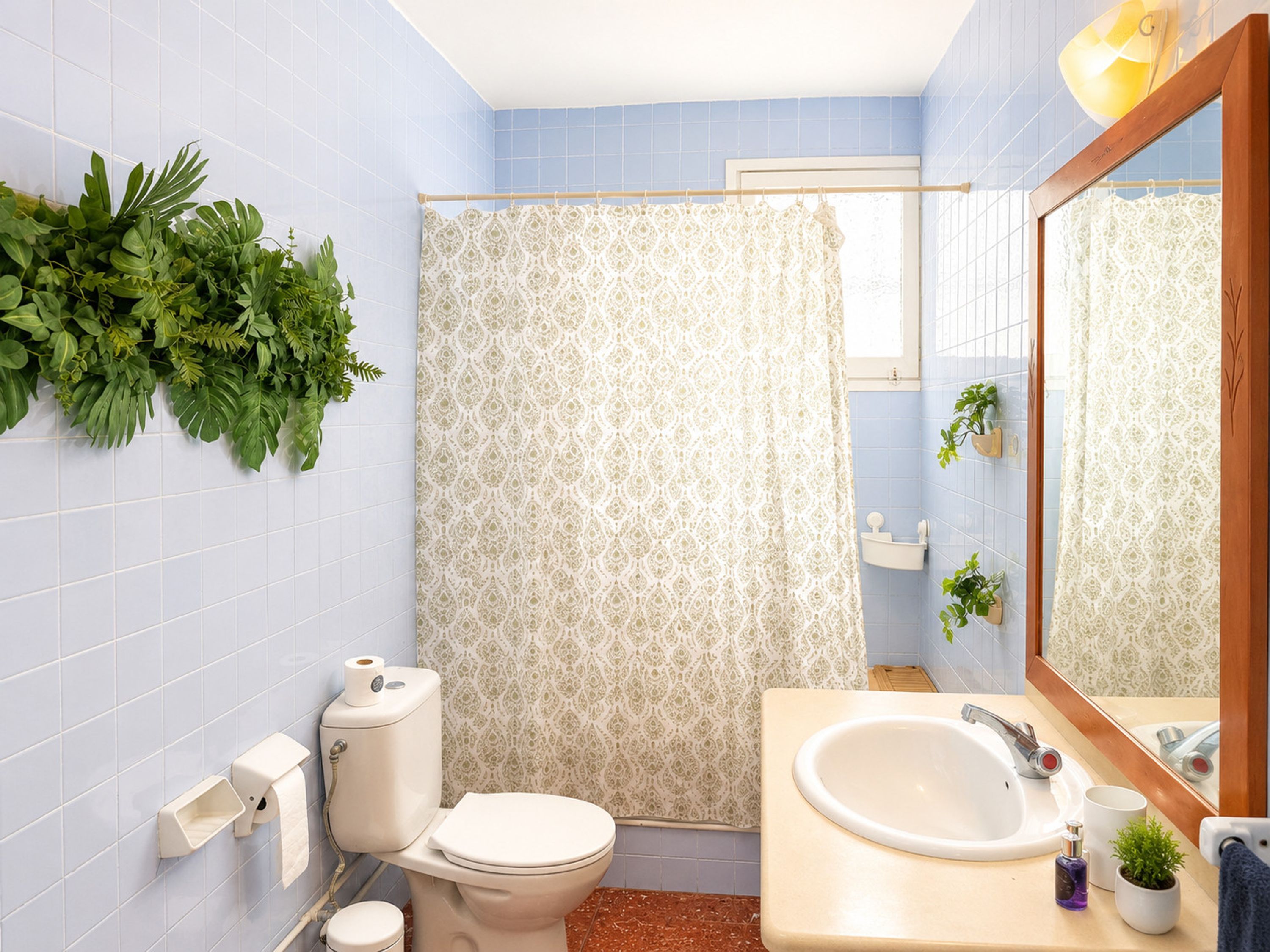 A bathroom with a toilet, sink, and shower curtain.