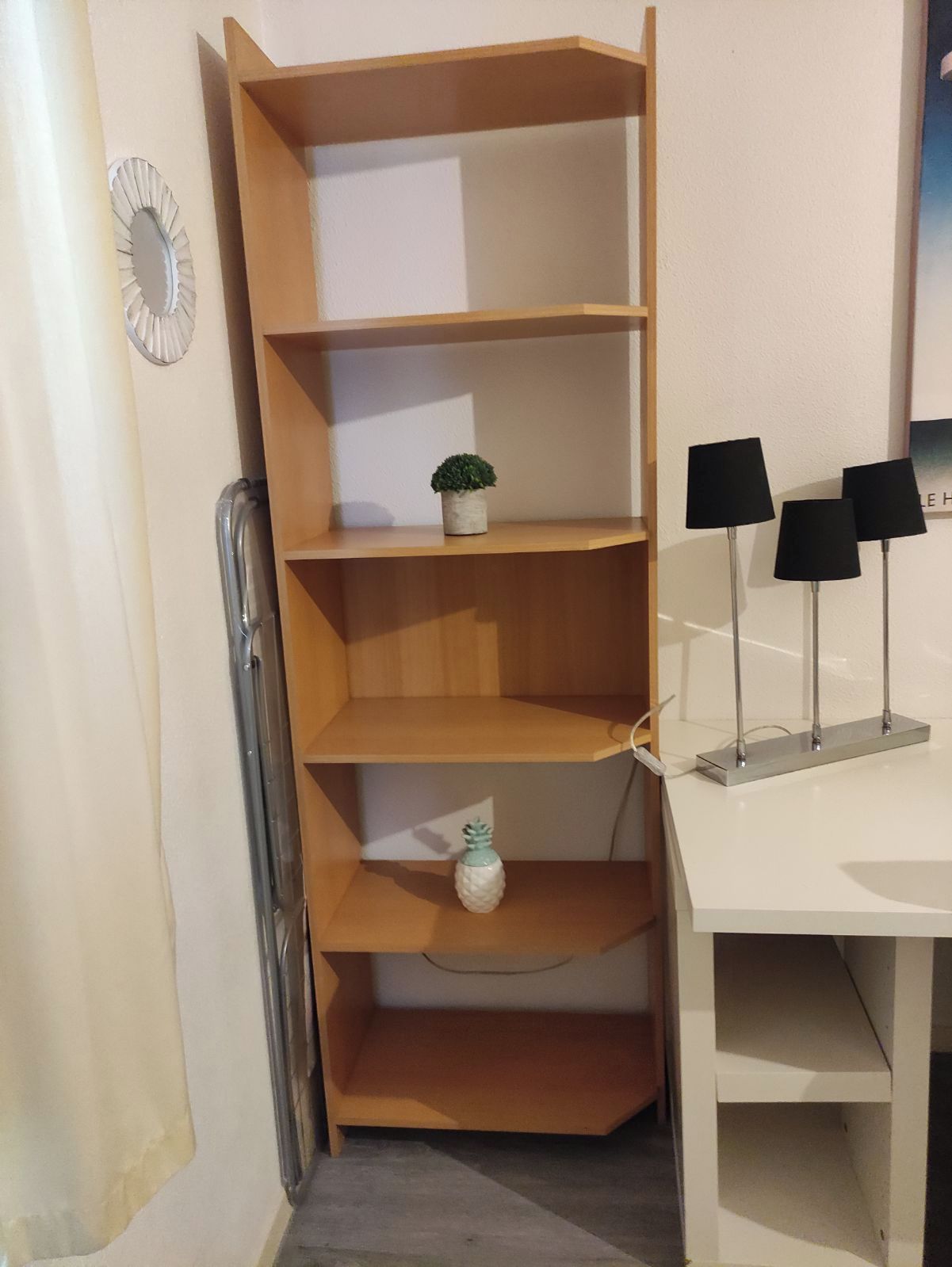 A corner of a room with a wooden shelving unit, a small potted plant, and a white desk with three black lamps.