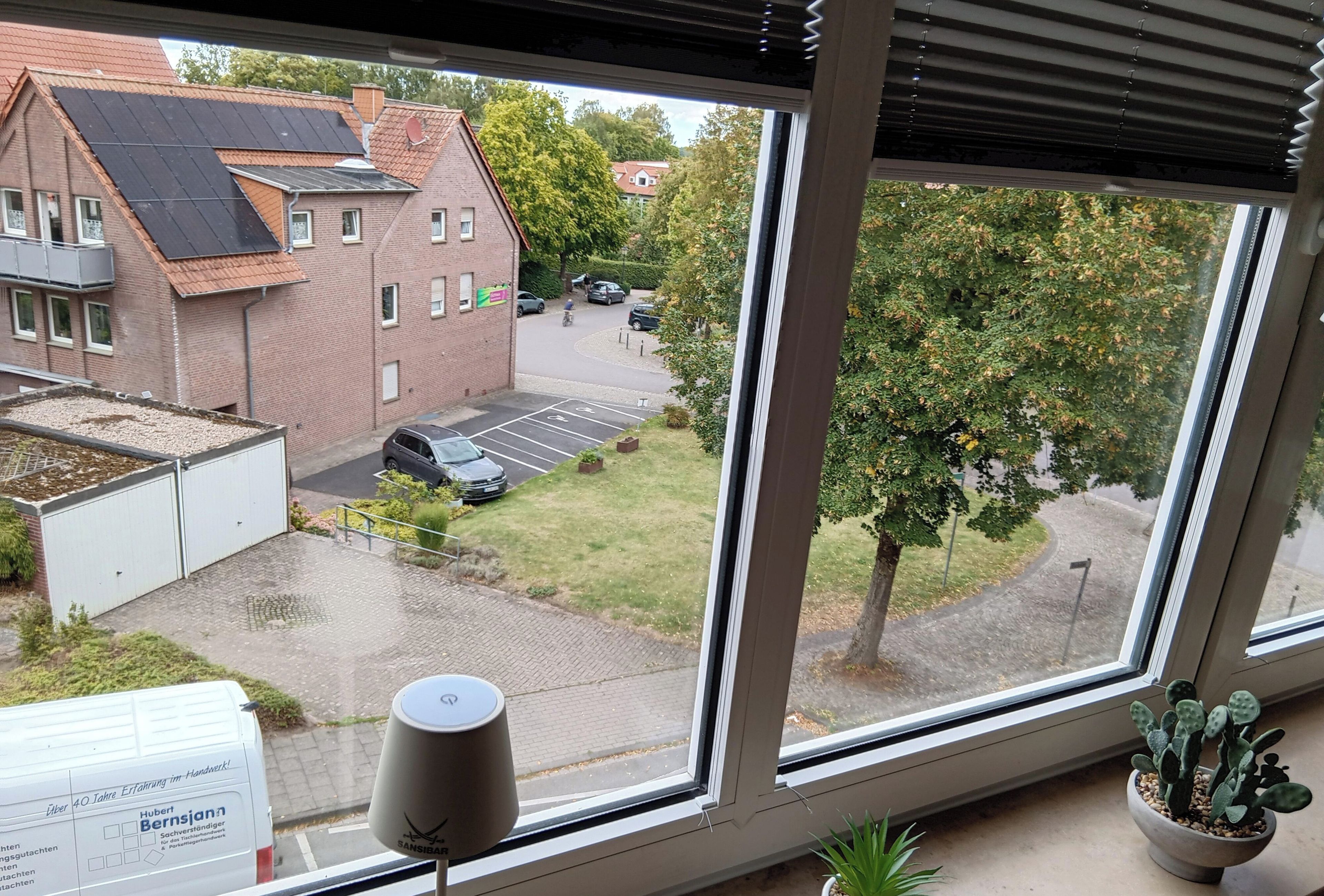 A view from a window overlooking a parking lot, a building with solar panels, and a tree.