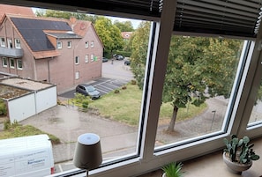 Vista desde una ventana sobre un estacionamiento, un edificio con paneles solares y un árbol.