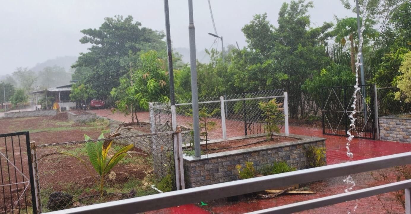 A fenced garden area with a brick planter box, a metal fence, and a variety of plants.