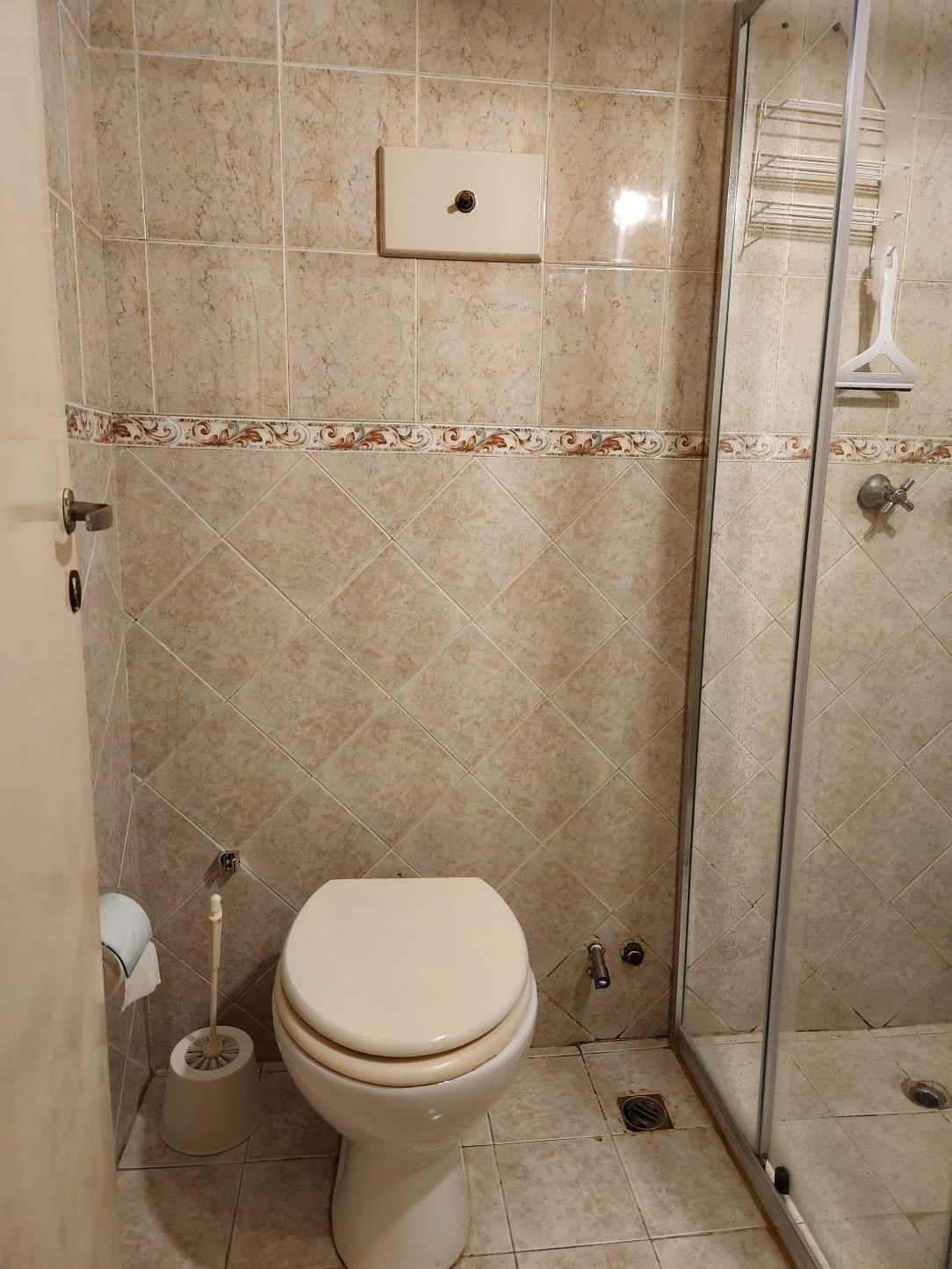 Un baño con inodoro, bidé y zona de ducha.