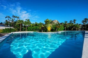 Ein klares, blaues Schwimmbecken, umgeben von Palmen und einem Gebäude mit einem Reetdach.