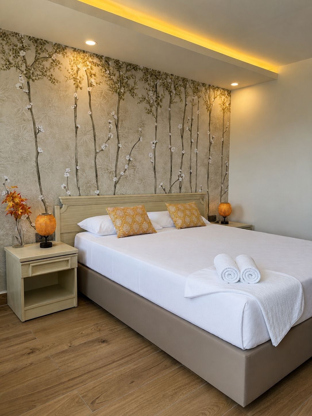 Cama bem arrumada com lençóis brancos e duas almofadas, mesa de cabeceira com abajur e parede com padrão de árvore.