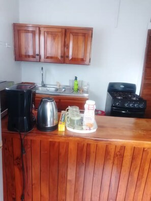 A kitchen with wooden cabinets, a sink, a stove, and various kitchen appliances. - The hillls - Beverly Hills overlooking Kingston (Kingston)