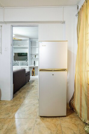 A compact living space with a white refrigerator, a sofa, and a television in the background. - The hillls - Beverly Hills overlooking Kingston (Kingston)