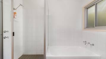Shower, hair dryer, towels