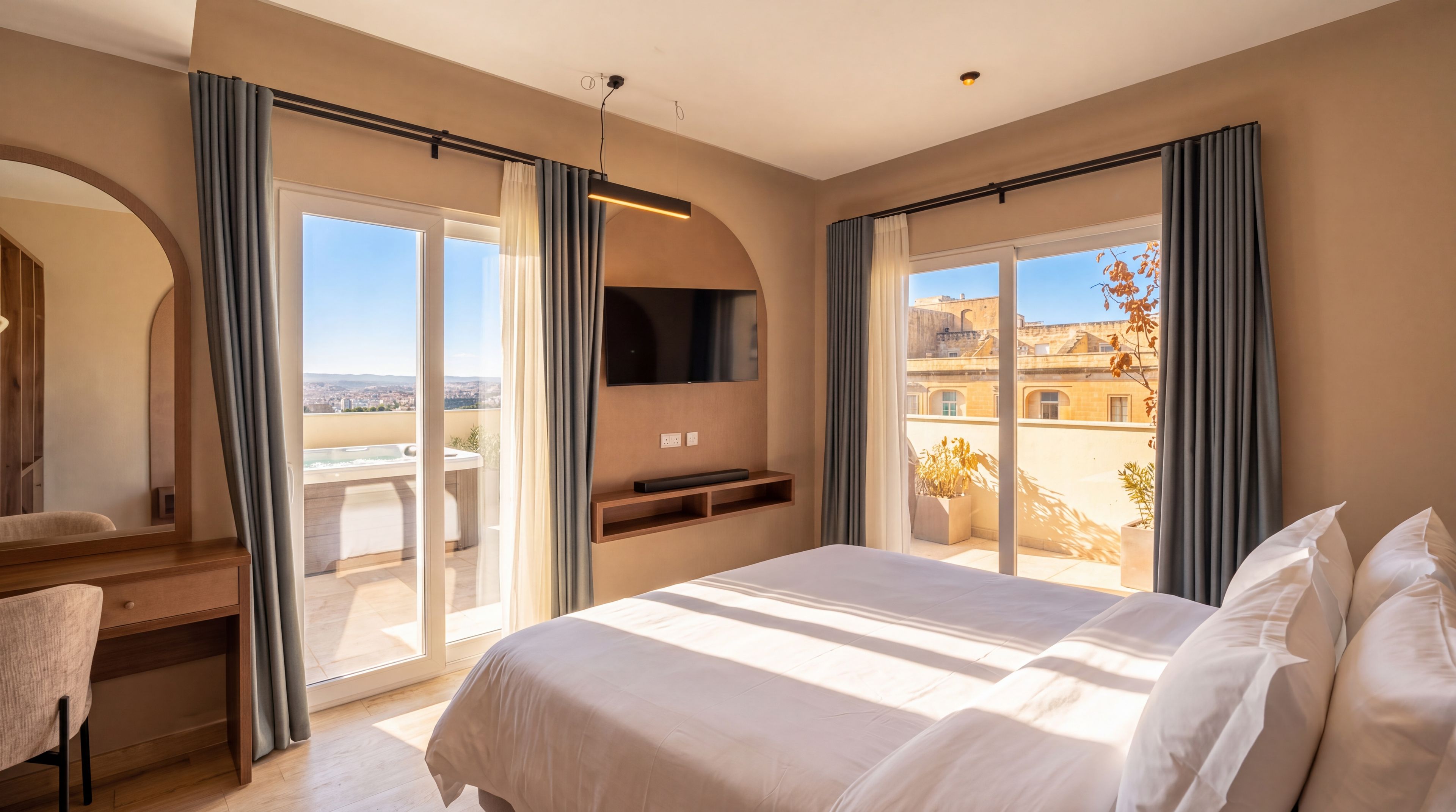 Quarto de hotel com uma cama grande, uma escrivaninha, uma televisão e uma varanda com banheira de hidromassagem.