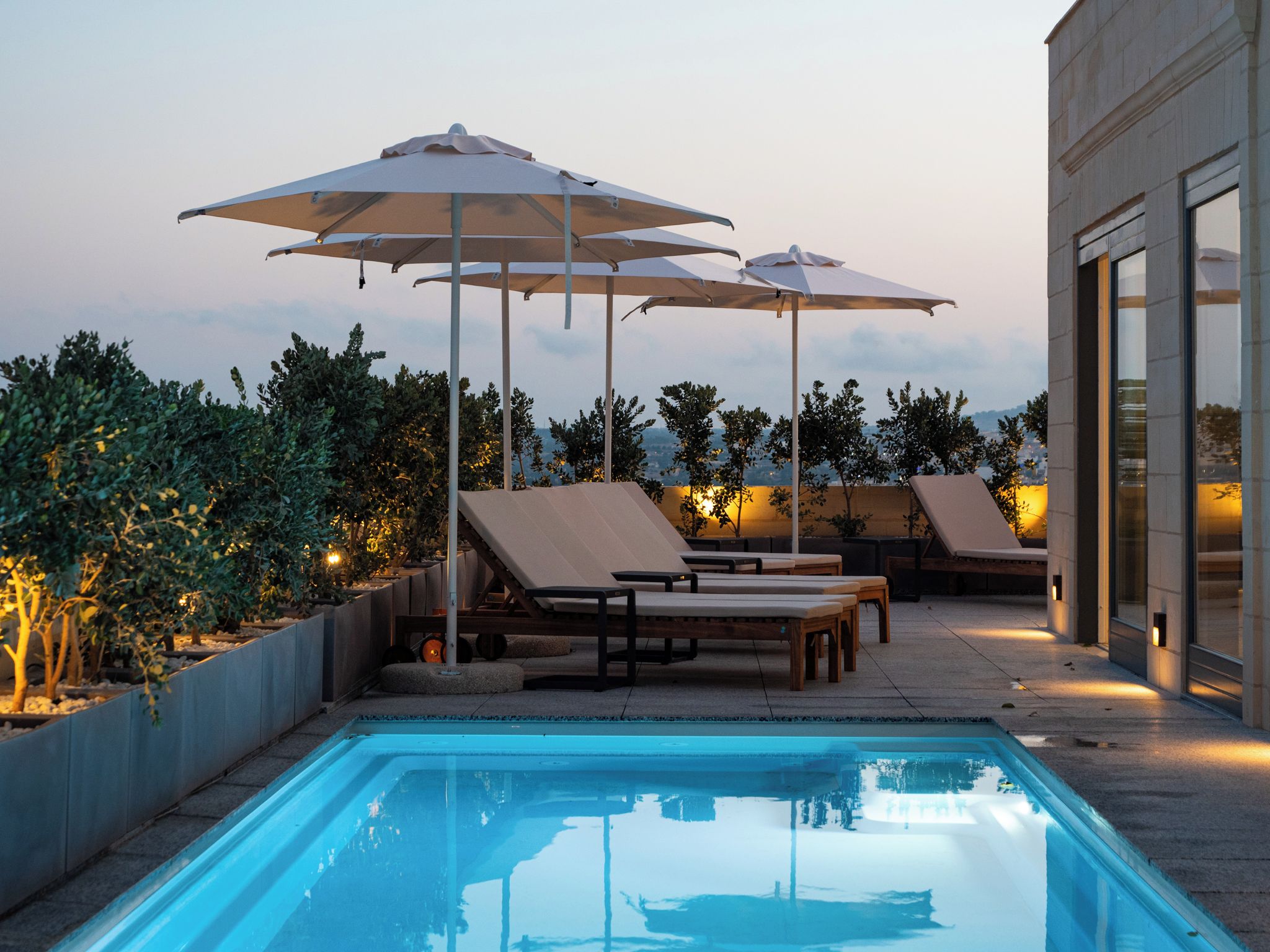 A rooftop pool area with lounge chairs and umbrellas, surrounded by greenery and a view of the cityscape.