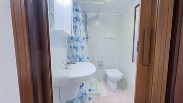 A bathroom with a shower, a sink, and a toilet.