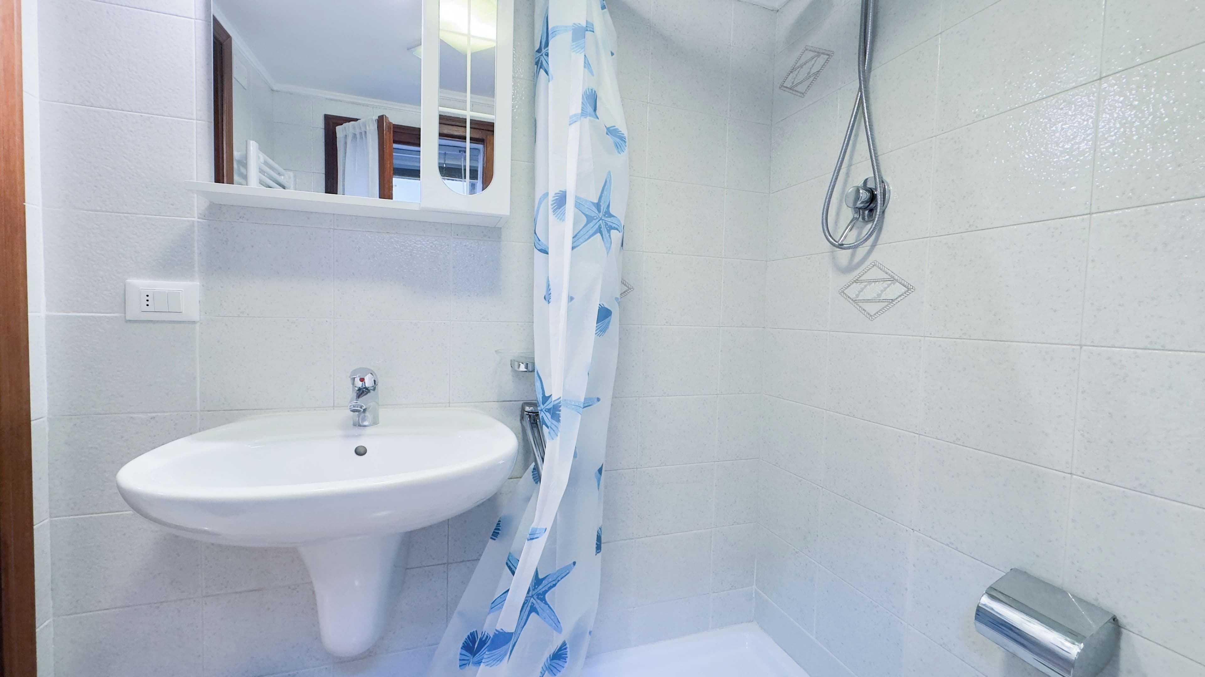 Un bagno con un lavandino bianco, una doccia e un WC.