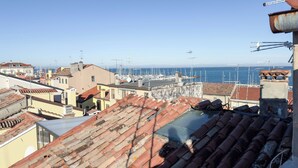 Eine Dachterrasse mit Blick auf einen Yachthafen und Gebäude.