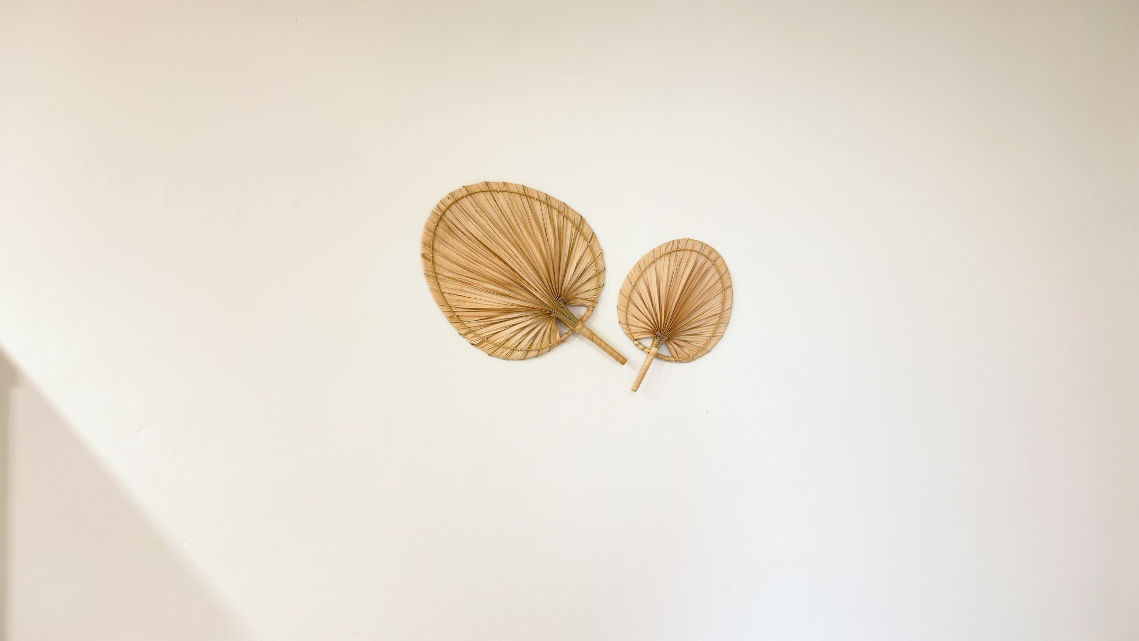 Two wall-mounted, circular, bamboo fans of different sizes.