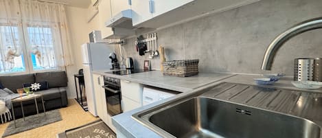 Et moderne køkken med en stålvask, indbygget ovn og kaffemaskine.