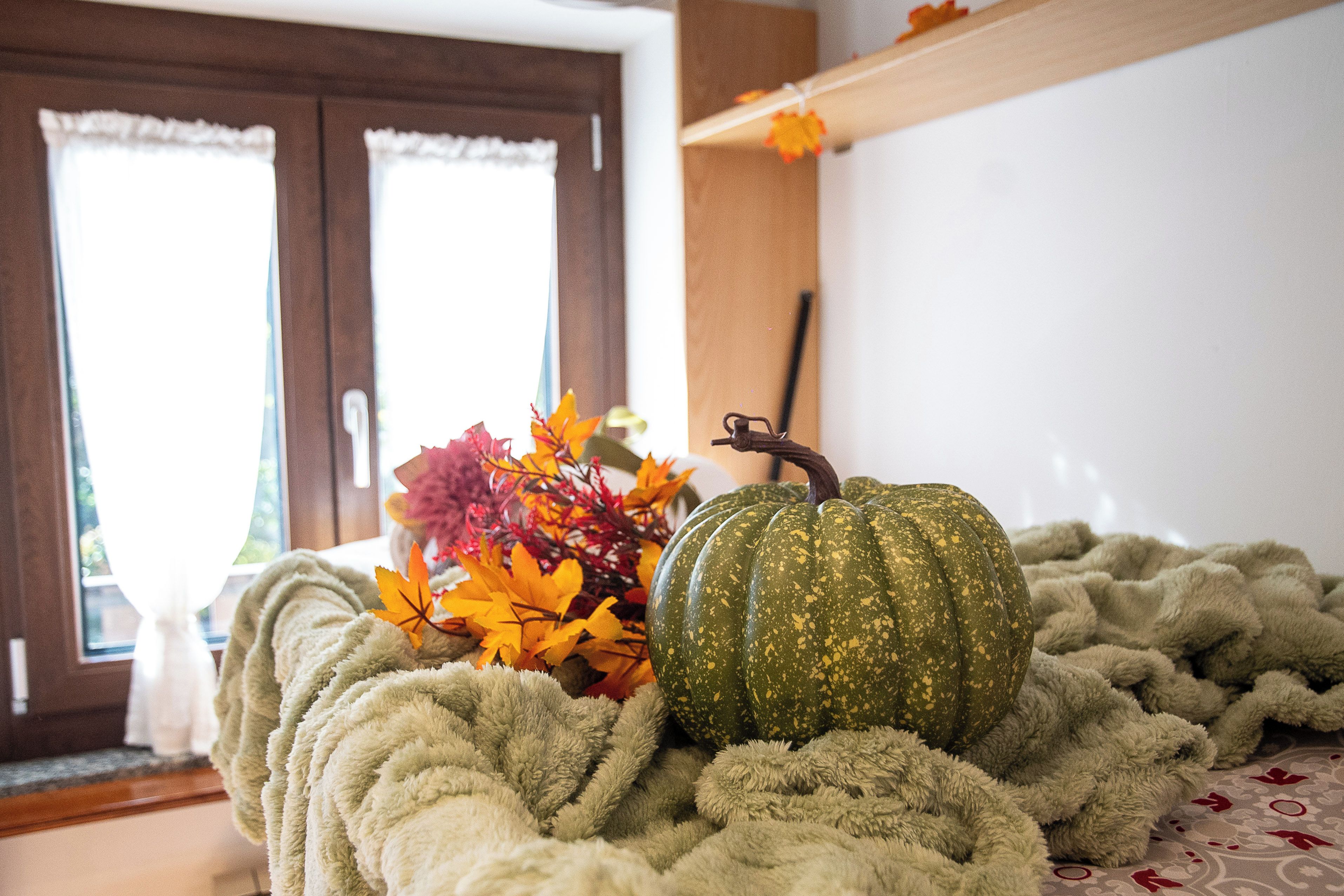 A cozy room with a large window, a plush green blanket, and a decorative pumpkin.