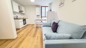 Un apartamento moderno con kitchenette, comedor y sala de estar con sofá gris.