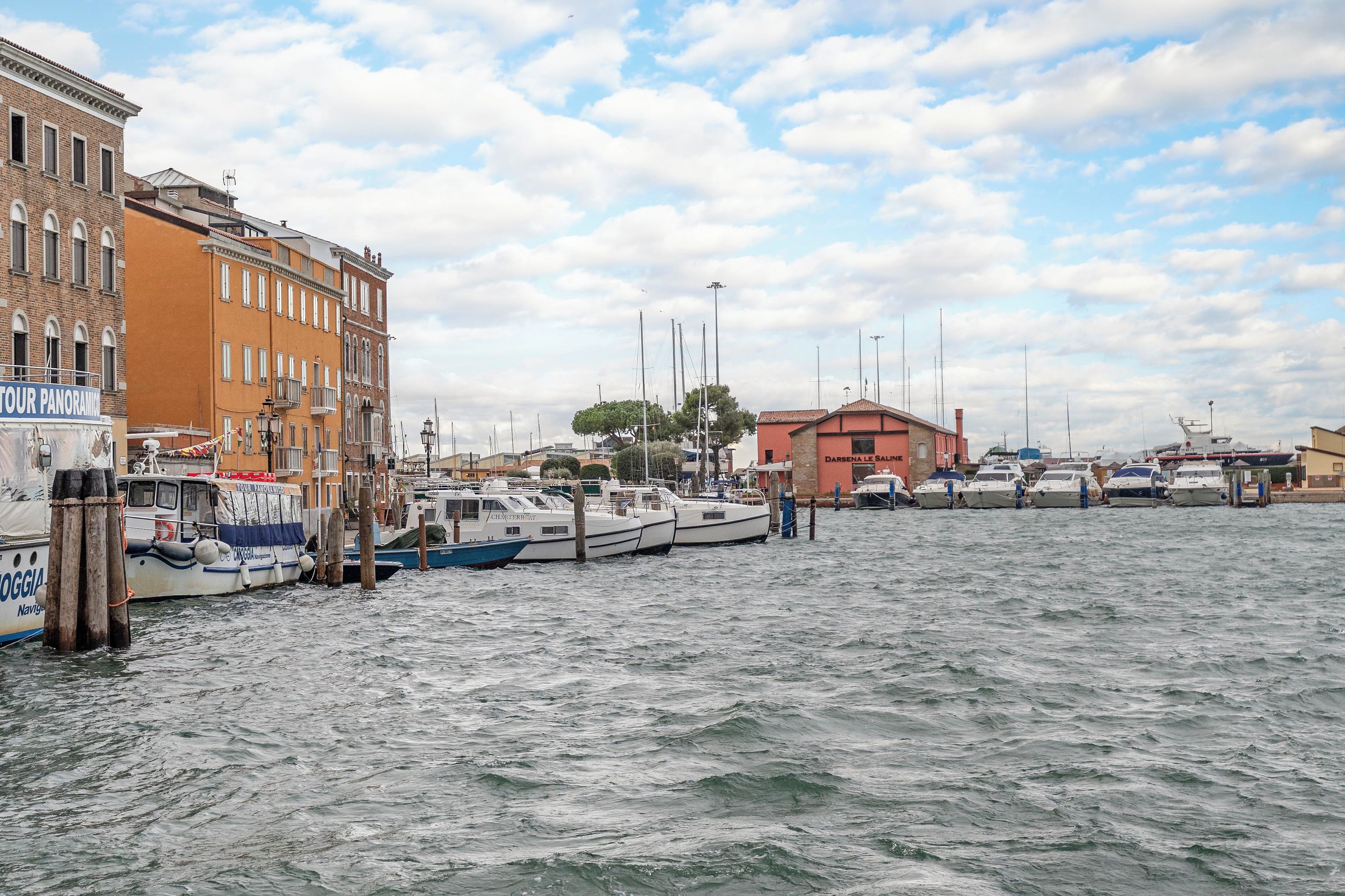 En lystbådehavn med fortøjede både, bygninger i baggrunden og en klar himmel.