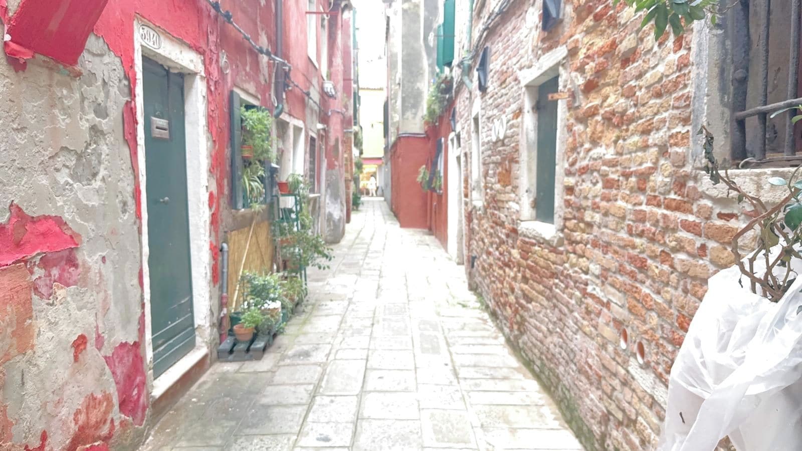 Un callejón estrecho flanqueado por edificios, algunos con signos de desgaste y otros con fachadas de ladrillo.